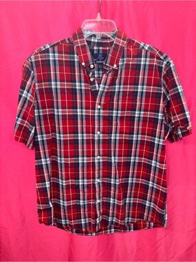 George Red and Navy Plaid Short-Sleeve Button-Down Shirt